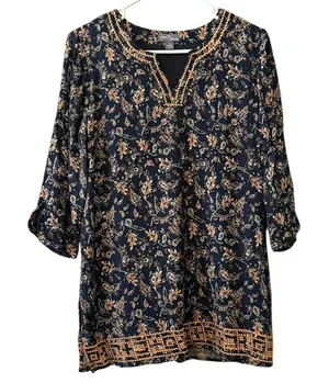 Market &‎ Spruce Women’s S Navy Blue Paisley Embroidered 3/4 Sleeve Lined Tunic thumbnail 1