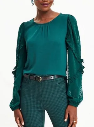 Loft Women’s Green Medium Velvet Dot Ruffle Sleeve Top Whimsygoth Cottagecore thumbnail 1