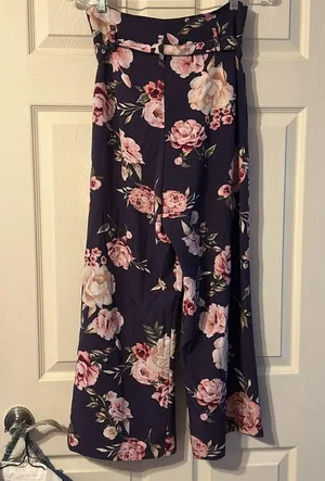 Dark Purple Floral Paperbag Waist Pants Medium thumbnail 5
