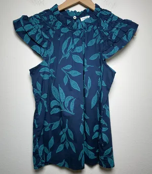 J. Crew Women 100% Cotton Preppy Top‎ XS Blue Leaf Print Ruffle Flutter Sleeve thumbnail 1