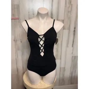 KRUSH Black Lace-Up Front Bodysuit Women’s Medium Spaghetti Strap Stretch One-Pi thumbnail 2