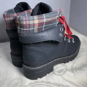 No Boundaries Black Lace-Up Boots with Red Laces and Plaid Cuff thumbnail 16