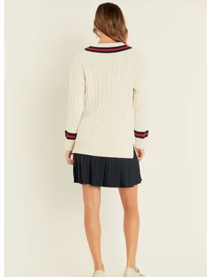 English Factory Cream Cable Knit V-Neck Sweater with Navy and Red Trim thumbnail 4