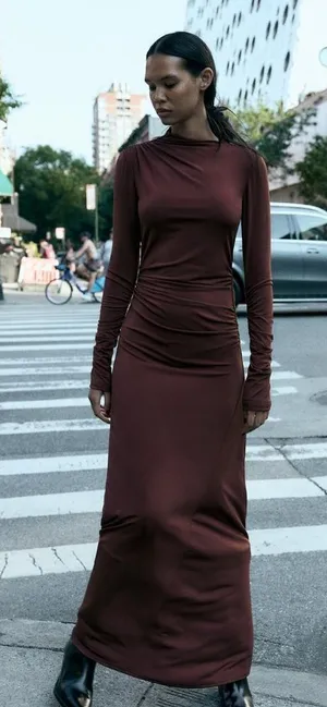 NWT Zara Draped Long Ruched Maxi Dress in Tobacco Brown Size XS thumbnail 1