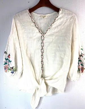 Max Studio L Boho Embroidered Cotton Front Tie Top thumbnail 1