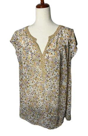 DR2 Women’s 1X Cream Mustard Blush Abstract Print Cap Sleeve Blouse thumbnail 1