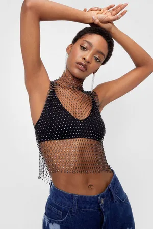 Nasty Gal Diamante Fishnet Crop Top thumbnail 1
