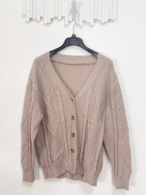 Amazon Cable Knit Button Front Cardigan Taupe Oversized V Neck Sweater Size Large thumbnail 2