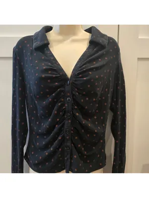 Maeve Anthropologie Ruched Button Front Top XL Black Tan Polka Dot Stretch thumbnail 2