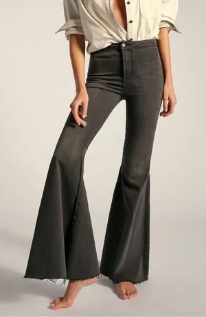 FREE PEOPLE Just Float On Ruffle Flare Jeans Wide Leg Bell Bottoms‎ Gray Size 26 thumbnail 1