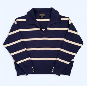 TRUTH Navy and Cream Striped Knit Polo Sweater XL preppy classic nautical fall thumbnail 1
