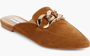 Steve Madden Finn Chain Pointed Toe Chestnut Suede Mules Gold Chain Size 8.5 thumbnail 1