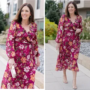 Maggy London Desert Bloom Floral Long‎ Sleeve A-line Dress In Wine Ruffle Trim 2 thumbnail 2