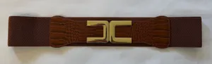 Brown Elastic Cinch Belt‎ Gold Interlocking Buckle Faux Croc Wide 1X thumbnail 1