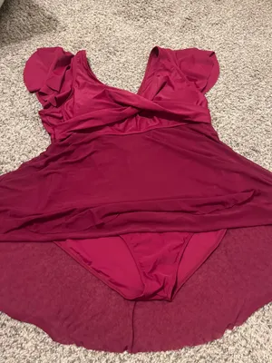 Stylish red swim dress with a flattering wrap design. Perfect for beach outings. thumbnail 6