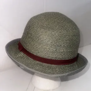 Goorin Bros Paper Woven Straw Fedora Hat Olive Green Burgundy Band Adult Small thumbnail 10