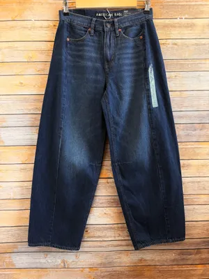 American Eagle Dreamy Drape Barrel Mid-Rise Strigid Dark Wash Jeans Size 00 NWT thumbnail 1