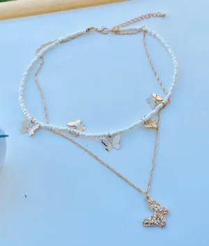 White Beads Gold Tone Butterflies Layered Necklace thumbnail 1
