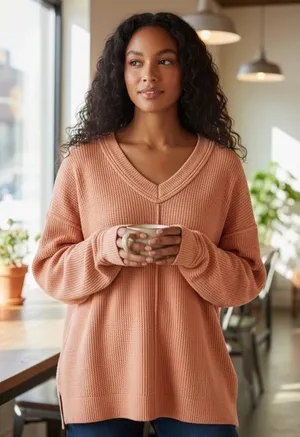Aerie Cozy V-Neck Ribbed Sweater Women's Size S Orange‎ Loungewear thumbnail 1