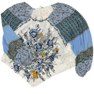 Free People Floral Print Women's Top - Blue and White Medium thumbnail 4
