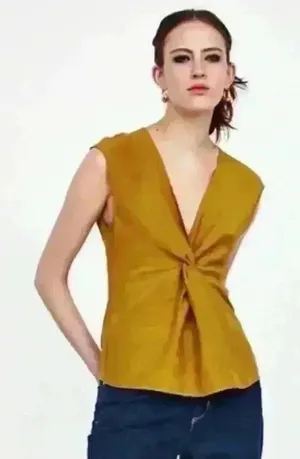 Zara Knotted V Neck Sleeveless Mustard Top Blouse thumbnail 1