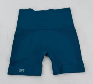 Set Active Seamless High Waisted Biker Shorts Blue XS Ribbed Compression Workout thumbnail 1