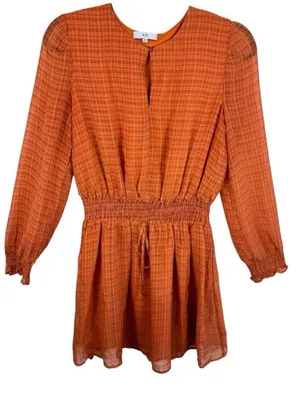 NSR Orange Plaid Long Sleeve Smocked Waist Lined Lightweight Mini Dress‎ Size M thumbnail 1