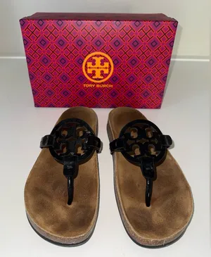 Tory Burch Women's Miller Cloud Sandals Black Patent Leather Natural Size 8 thumbnail 1