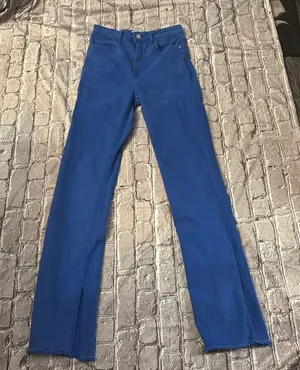 ZARA Straight Leg Jeans 2 High Rise Hem Slit Frayed Cobalt Blue Denim Casual thumbnail 1