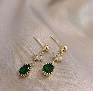 18K Gold Plated Teardrop Shape Green Emerald Dangle Drop Earrings for Women thumbnail 3