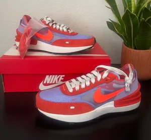 Nike Red & Lavender Low-Top Sneakers with Bright Orange Swoosh thumbnail 1