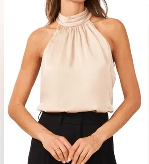 Halogen Pleated Mock Neck Satin Top In Champagne Fizz thumbnail 1