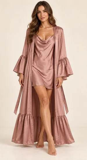 Azazie Satin Robe and Chemise Set Dusty Rose Ruffle Bell Sleeve Bridal Lounge L thumbnail 1