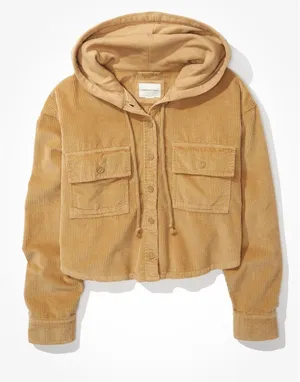 AE American Eagle Hooded Cropped Corduroy Button-Up Shirt Womens Size XS‎ thumbnail 1