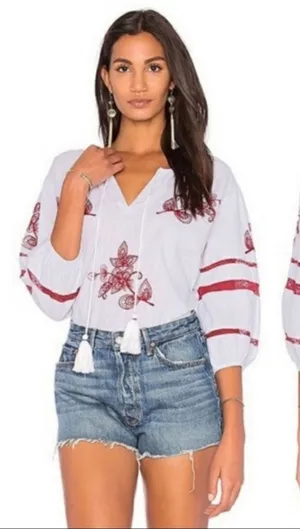 Anthropologie velvet by graham & Spencer Ola embroidered peasant top‎ Sz M thumbnail 1