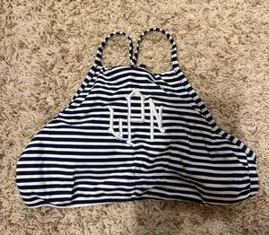 Striped High-Neck Bikini Top in Navy and White thumbnail 1