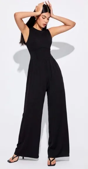 CIDER Solid Wide Leg Corset Rib Jumpsuit Black Minimalist Chic Vibe Size Large thumbnail 1