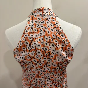 Hutch Campbell Mini Dress Orange White Daisy Floral Ruched Satin Halter L NEW thumbnail 7