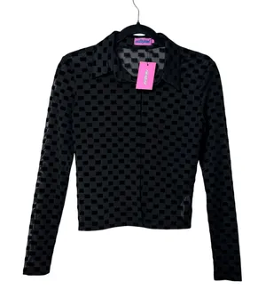 Edikted Black Checkered Velvet Flocked Sheer Mesh Button Down Top S11731 Small thumbnail 1