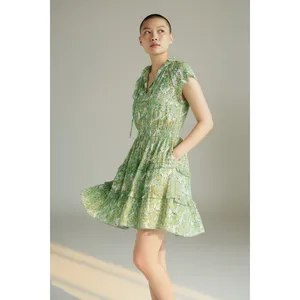 Scoop Womens Dress Sz XS Blurred Ikat Satin Ruffle Mini Cap Sleeve Cottagecore thumbnail 4