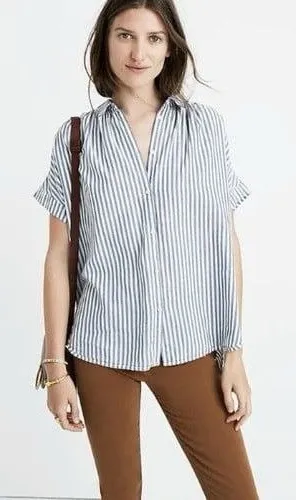 Madewell Women's Chambray Blue White Stripes Dolman Sleeve Button Front Top L thumbnail 1