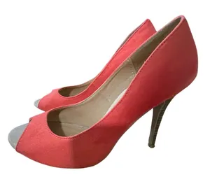 Charming Charlie Coral Pink Faux Suede Peep‎ Toe Stiletto Pumps Heels thumbnail 1