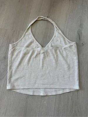 Y2K Ribbed Halter Tank with Button Keyhole in Cream thumbnail 3