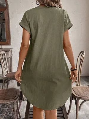 Olive Green V-Neck Button-Up Short Sleeve Cotton Dress thumbnail 2