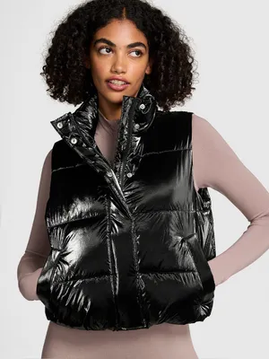 PINK Victoria's Secret Black Shiny Quilted Puffer Vest thumbnail 1