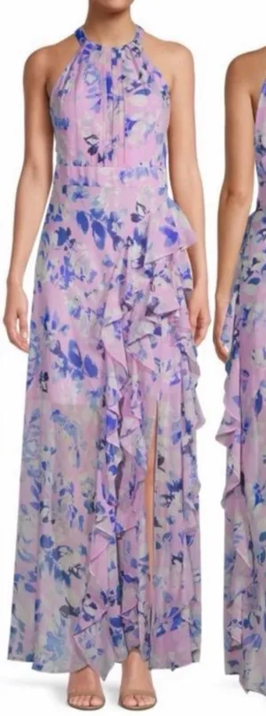 NEW ELIZA J Purple Floral halter ruffle maxi Sun Dress sz 6 thumbnail 1