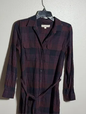 Loft‎ Women Purple/Black Plaid Long Sleeve Button Up Dress Belt size M Petite thumbnail 3