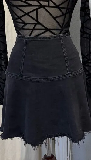 Free People Black Highlands Washed Denim A‎ Line Mini Skirt Distressed Raw Hem 0 thumbnail 1