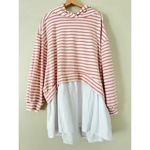 Anthropologie Pilcro Hooded Sweatshirt Twofer Mini Dress Large‎ Pink Stripe thumbnail 6