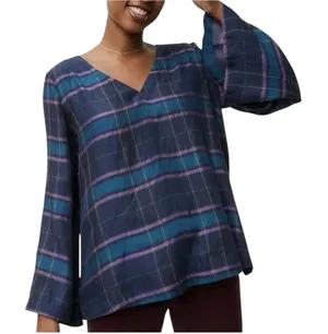 LOFT Plaid Blouse Women Medium Blue Teal Purple‎ Bell Sleeve V-Neck Strappy Back thumbnail 1